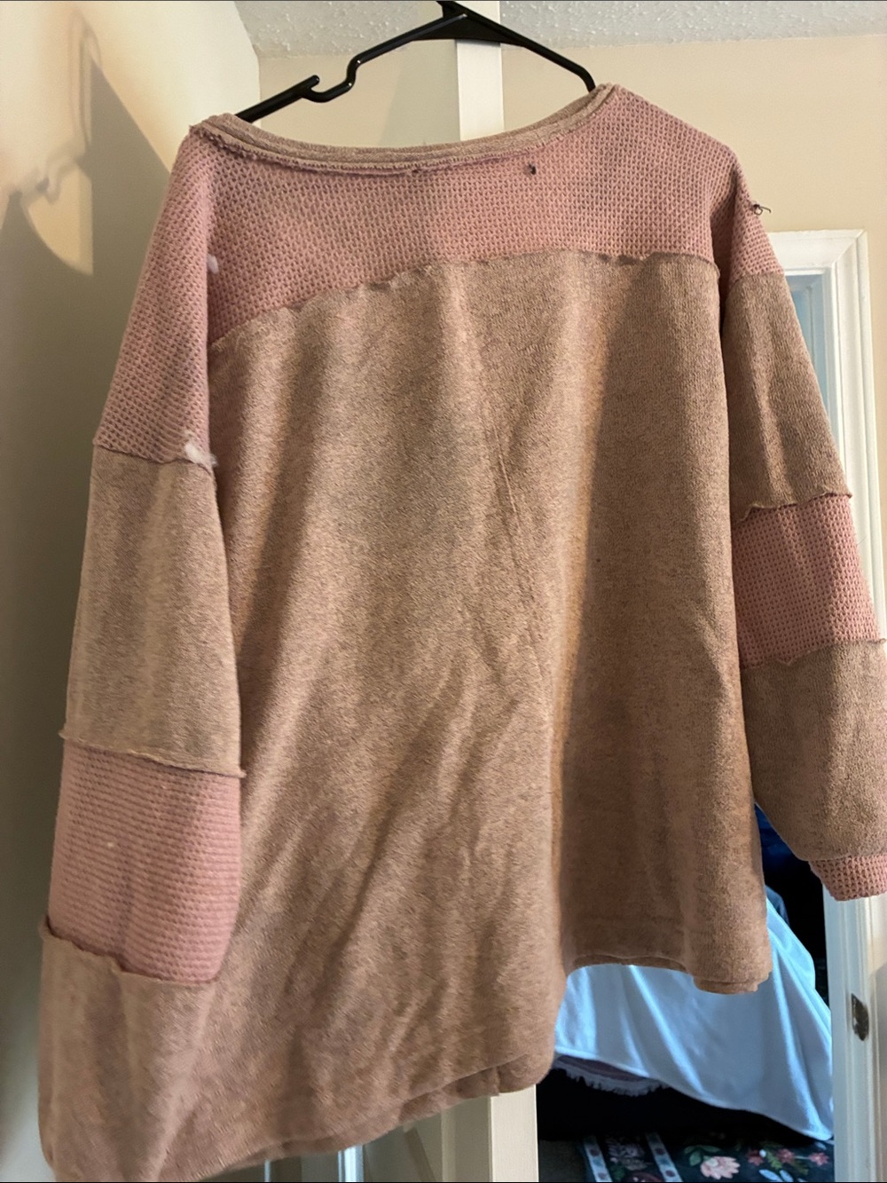 POL Pink and Taupe Patchwork Henley Sweatshirt - Picture 6 of 7